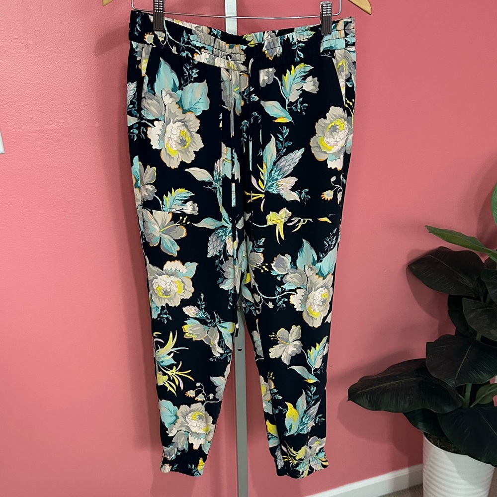 Ann Taylor Navy Floral Drawstring Jogger Pants, Size S